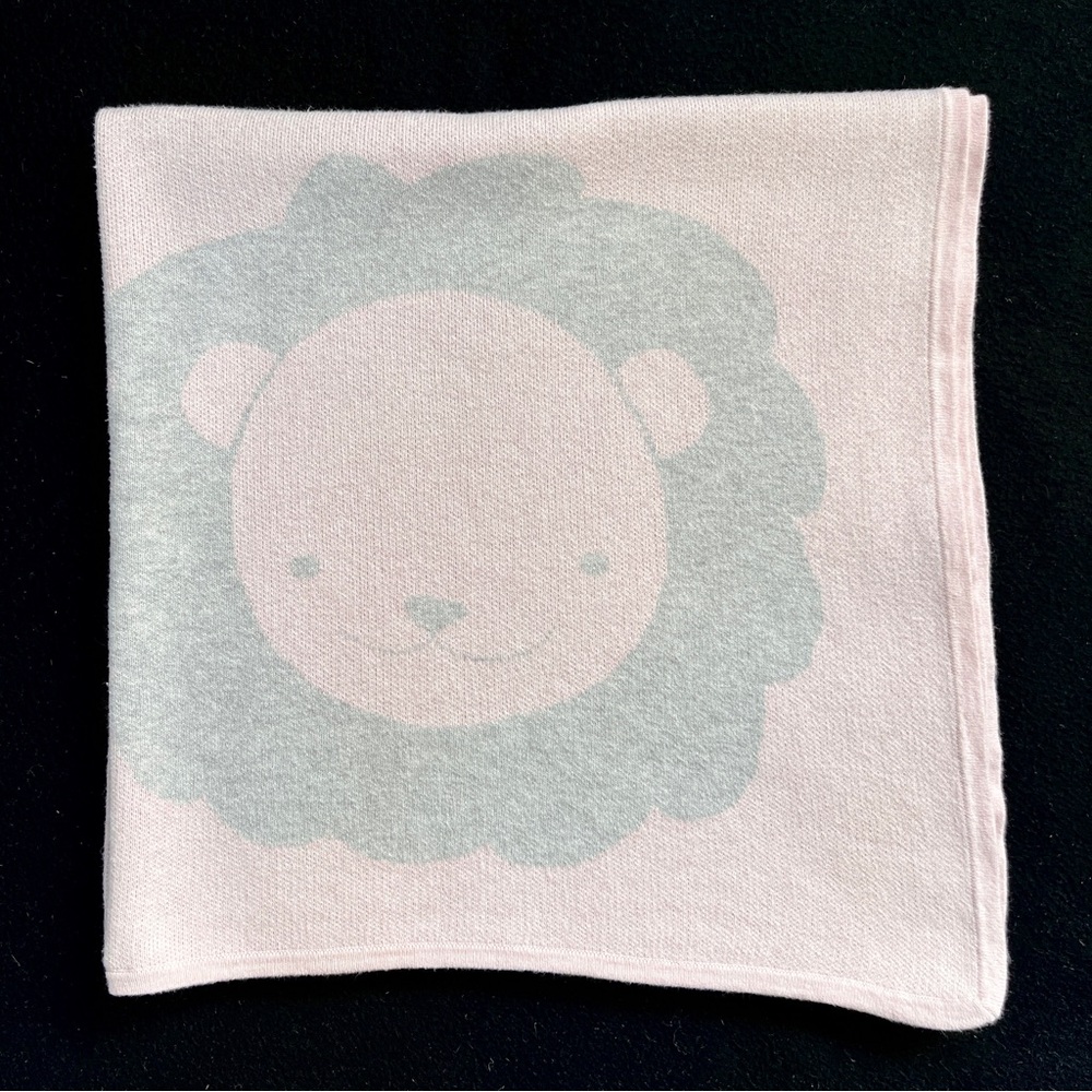 Barneys New York Cotton Cashmere Baby Blanket Lion Pale Pink Gray 32x33 EUC